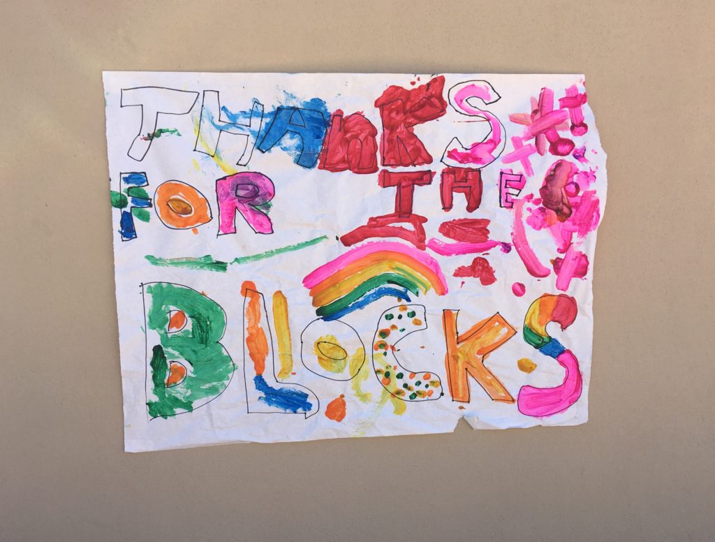 Letter from children saying "Thanks for the blocks"
